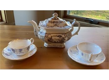 Two Cups And Saucers And 19th Century English Teapot