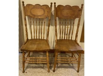 Pair Of Oak Hip Rest Pressed Back Side Chairs