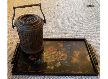 Paint Decorated Wood Tray And Modern Resin Ice Bucket