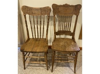 Two Mismatched Oak Pressed Back Side Chairs
