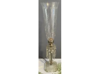 Electrified Glass Hurricane Lamp With Etched Shade And Prisms