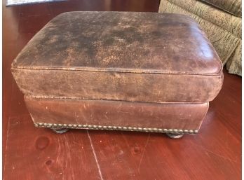 Brown Leather Ottoman With Nail Head Trim