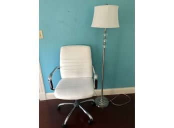 White Leather Desk Chair And Floor Lamp