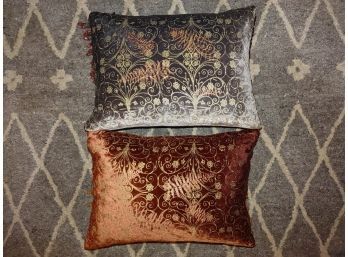 Pair Of Velour Plush Beaded Decorator Pillows