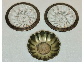 Sterling Silver Rimmed Coasters And Alpaca Coin Dish