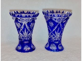 Czechoslovakian Cobalt Cut To Clear Vases Drilled As For Lamps (2)