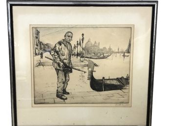 Framed And Signed Print Of A Man And Canoe