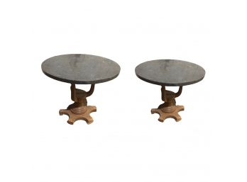 Pair Of Wood And Marble Pedestal End Tables