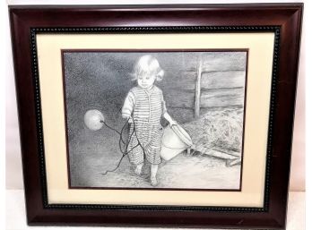 Framed Artwork Of A Young Girl Holding A Balloon And A Bucket Signed By Eva Waterbury