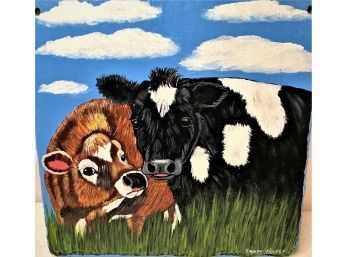 Original Sandy Holden Painting On Slate (Black & Brown Cows)