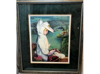 Colored Pencil Framed Art Of Trick-or-Treater Dressed As A Bunny Hand Drawn By Eva Waterbury