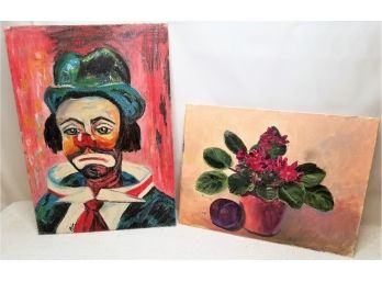 Unframed Paintings Of A Clown And Flower Pot