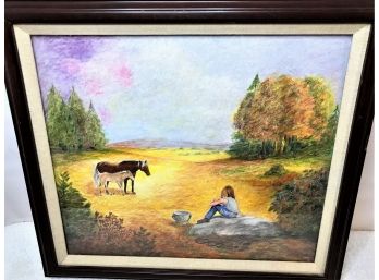 Framed Artwork Of A Young Girl Looking At Horses In The Pasture By Eva Waterbury