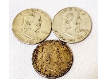 Three US Benjamin Franklin Half Dollar Silver Coins-1950, 1952 & 1960