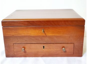 Handsome Vintage Wood Green Velvet Lined Jewelry Box With Key