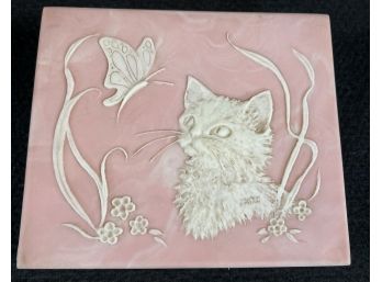 Genuine Lenore Beran Incolay Stone Jewelry Box - Cat, Butterfly & Floral Motif