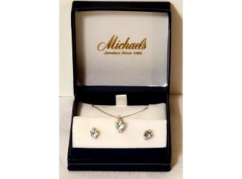 Dainty New 10K White Gold & Aquamarine  & Diamond Heart Shaped Pendant & Matching Earring Set In Gift Box!