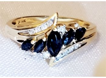 Ladies 14K Yellow Blue, Blue Sapphire & Diamond Cocktail Ring - Size 7