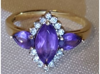 Dramatic 14K Yellow Gold & Amethyst Cocktail Ring Accented With Diamonds - Size 7.25