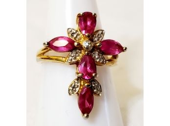 Ladies Sterling Silver Gold Plated Pink Rhinestone Crucifix Shaped Ladies Ring - Size 8