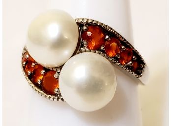 Ladies Sterling Silver 925 Signed, Freshwater Pearl & Red Stone Ring