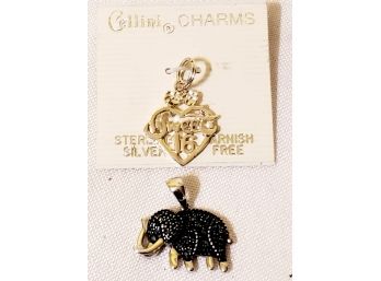 Two Cute Sterling Silver Charms / Pendants - Marcasite Elephant & New Sweet 16