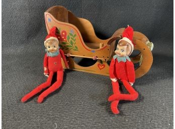 2 Vintage Mid Century Elves & Wood Sleigh