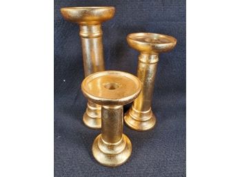 Trio Of Gold Painted Pottery Pillar Candle Holders