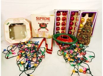 Assorted Vintage Christmas Lights, Stand, Ornaments & Pine Cone Tree