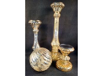 Four Silver & Gold Mercury Glass Tall Pillar Candle Holders & Round Ribbed Decorative Glass Ball