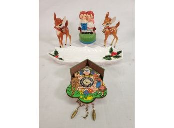 Vintage Toy & More Assortment - Holiday Ceramic Dish, Music Box, Holiday Deer Figurines & More