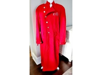 Fantastic Vintage FAO Schwarz Bright Red Employee Issue Full Length Greeter Trench Coat Size L?