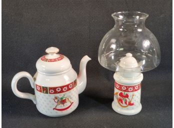 Vintage Charlton Hall By Kobe Japan Classic Traditions Holiday Themed Teapot & Hurricane Candle Lamp