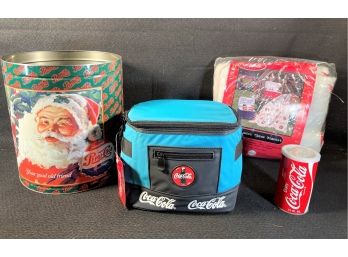 Never Used Coca - Cola Insulated Cooler Bag, Tailgate Blanket & Fishing Kit. Pepsi Tin