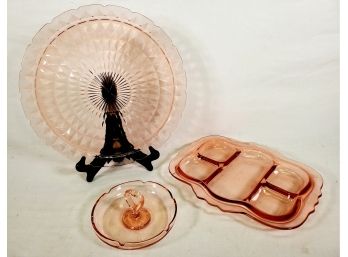 Trio Of Pink Depression Glass Serving Pieces