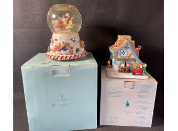 Party Lite Exclusive - Peppermint Pals By Susan Winset Snow Globe & Santa's Workshop Ceramic House