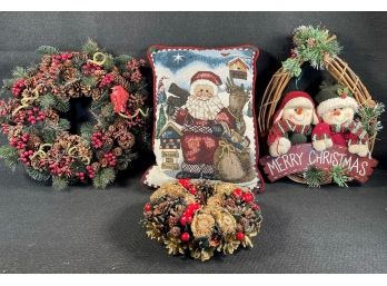 Door Decor & A Pillow. Pine Cone Wreath, Pine Wreath & Snowmen Hanger