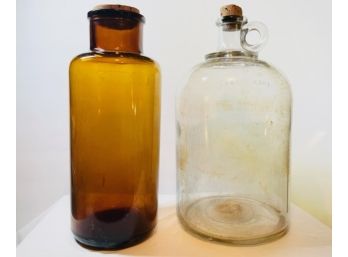 Antique Large Hand Blown- Brown / Amber Embalming Fluid / Apothecary Bottle & Clear Full Gallon Jug