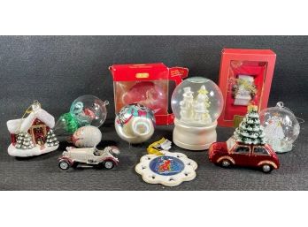 Ornaments-Lenox Sleigh, Signed Glass Horse, Glass Cars, Mickey Mouse Silk & Porcelain. Snow Globe