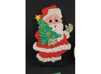 Vintage Christmas Santa Holding Tree Melted Plastic Popcorn Decoration Winter 1970s