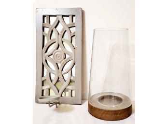 Duo Of Home Decor Candle Holders - Wall Mount Fetco Pillar Candle Holder & Wood & Glass Hurricane