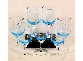 Vintage Set Of 7 Sasaki Coronation Blue Wine Glasses