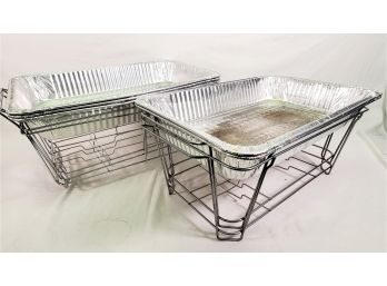 Assortment Of Five Gently Used Metal Chafing Catering Full Size Stands And Tins