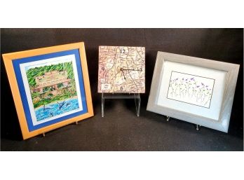 Mixed Grouping Of Signed Wall Art By Annette H. Smith & Tile Wall Clock Map Of Darien CT