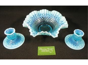 Beautiful Vintage FentonBlue Hobnail Satin Glass, Ruffled Bowl & Pair Of Candlestick Holders