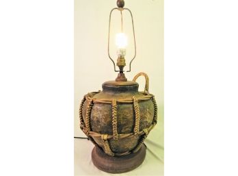 Interesting Vintage Resin Rustic Pottery Look Lamp With Wood And Rope Accents