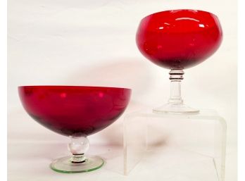 Vintage Red Glass Pedestal Compote Dish & Morgantown Pedestal Bowl