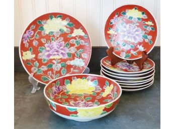 Lovely Asian Hand Painted Red Floral Dinnerware