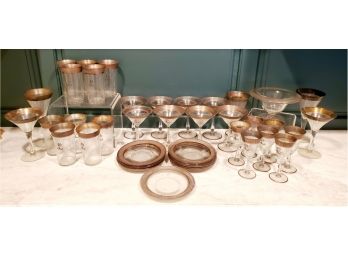 Antique Monogrammed Silver Gilt Rimmed Glass Stemware, Tumblers, Plates & More