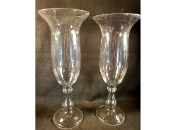 Dramatic Pair Of Clear Blown Glass Very Tall Trumpet Vases